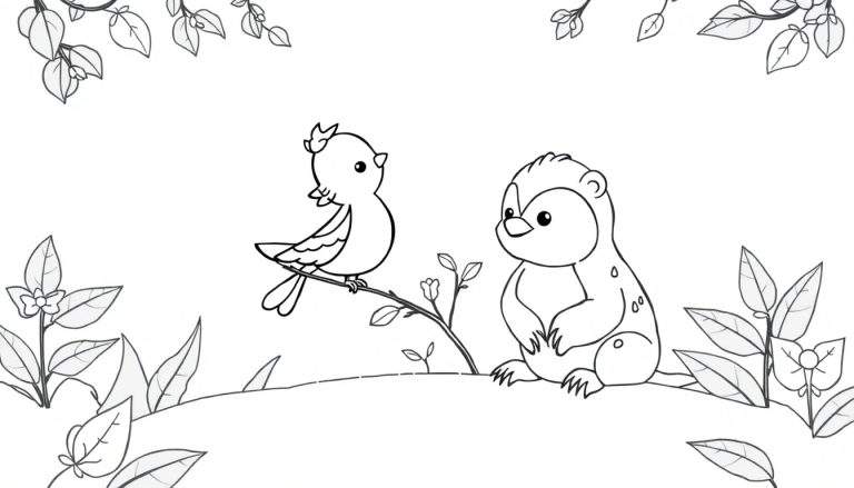 Um passarinho e um ouriço sentados juntos num galho, rodeados por folhas e flores, num desenho a preto e branco.