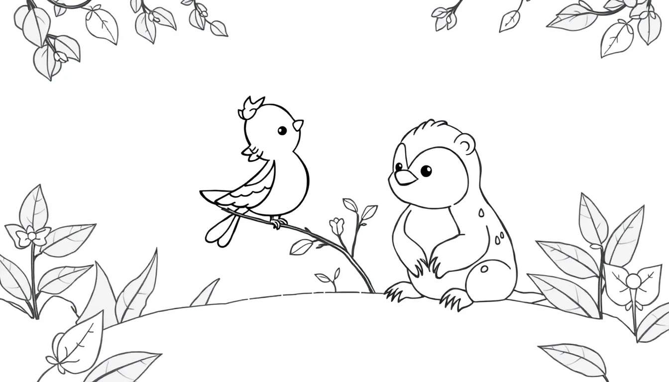 Um passarinho e um ouriço sentados juntos num galho, rodeados por folhas e flores, num desenho a preto e branco.