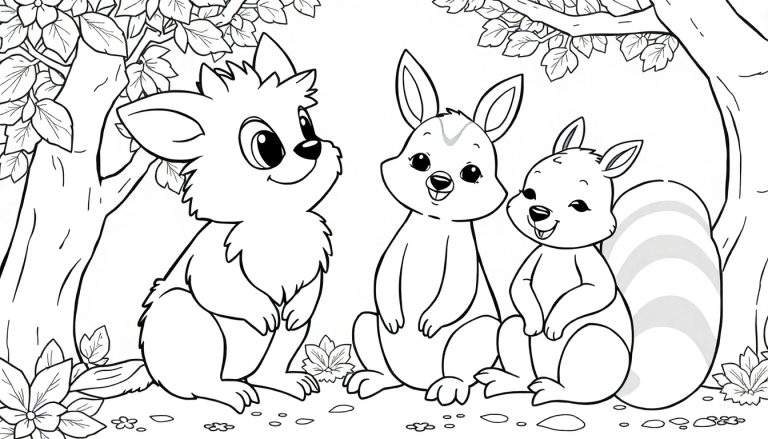 Desenho infantil de um guaxinim fofo e um coelho sentados lado a lado entre árvores, com um esquilo e flores.