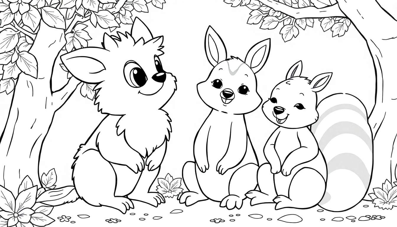 Desenho infantil de um guaxinim fofo e um coelho sentados lado a lado entre árvores, com um esquilo e flores.