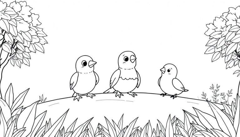 Três pássaros de desenho animado fofos empoleirados num galho com folhagem exuberante, em estilo color panel.
