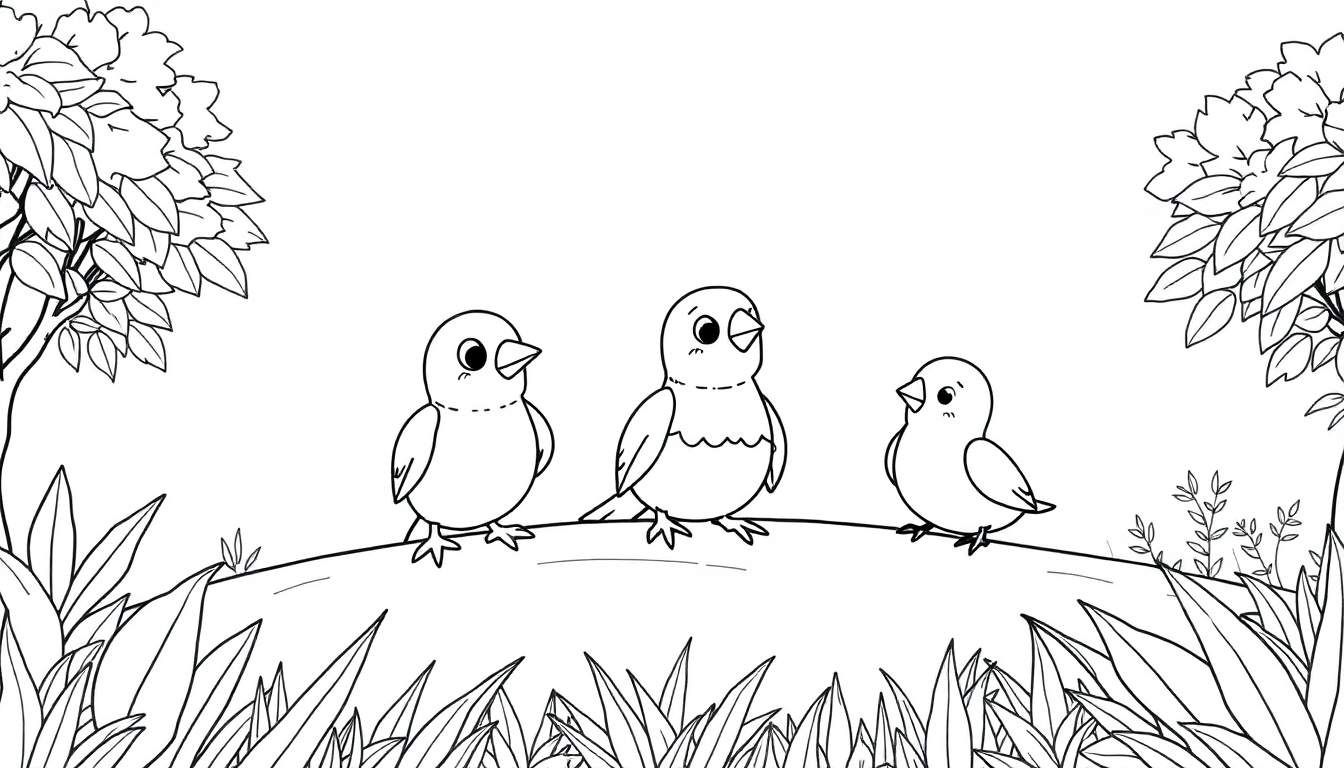 Três pássaros de desenho animado fofos empoleirados num galho com folhagem exuberante, em estilo color panel.