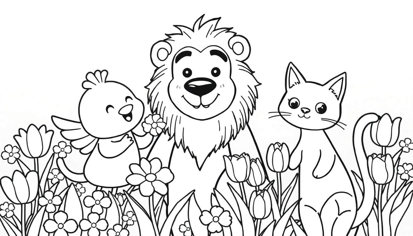 Pássaro, leão e gato num campo de flores para colorir, um color panel vibrante.