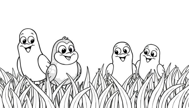 Quatro pássaros de desenho animado em um campo de grama alta, todos com olhos grandes e sorrisos, em um color panel.