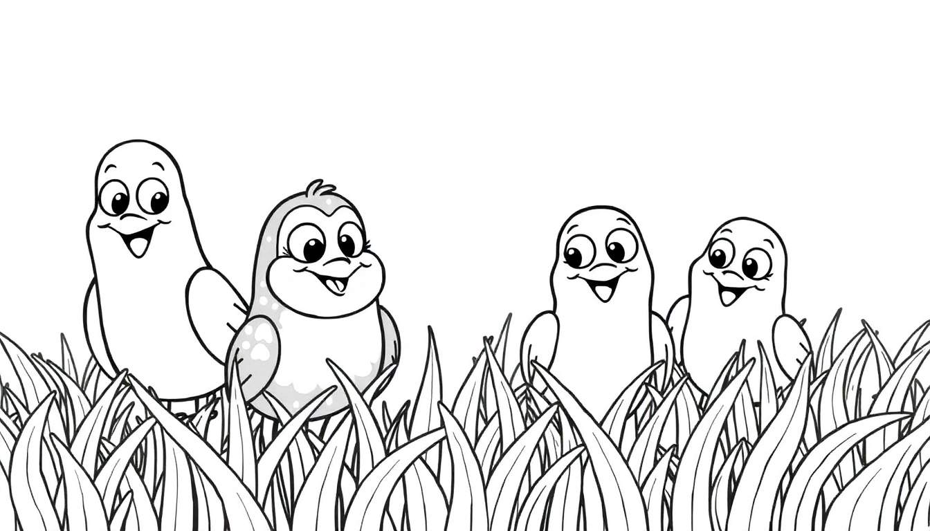 Quatro pássaros de desenho animado em um campo de grama alta, todos com olhos grandes e sorrisos, em um color panel.