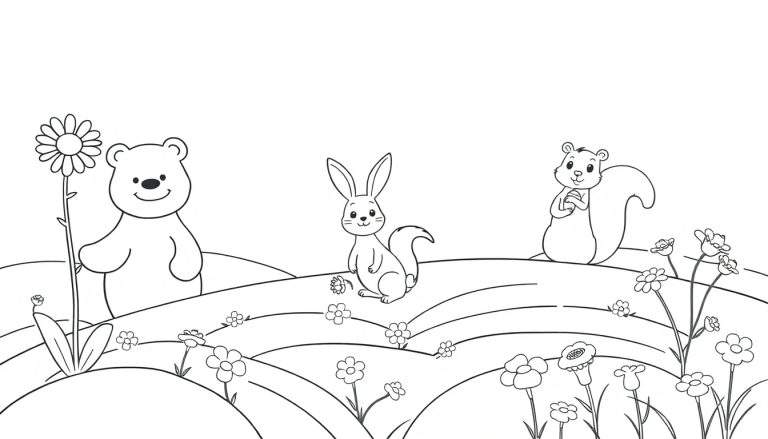 Um desenho em preto e branco de um urso, coelho e esquilo num campo com flores.