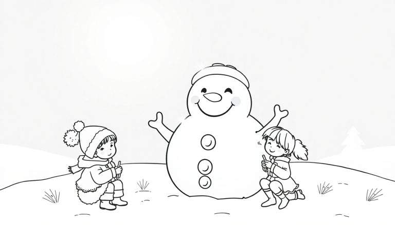 Desenho de duas crianças desenhando na neve com um boneco de neve sorridente no centro.