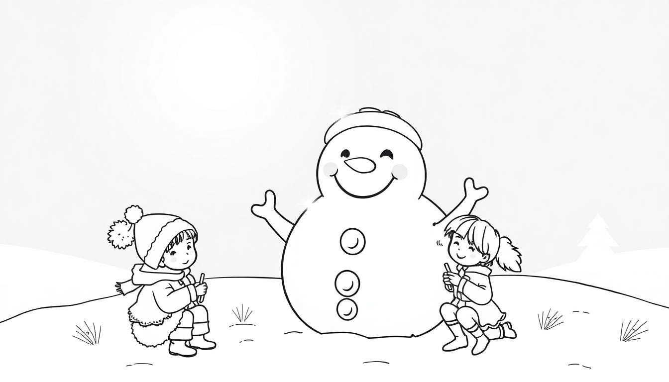 Desenho de duas crianças desenhando na neve com um boneco de neve sorridente no centro.