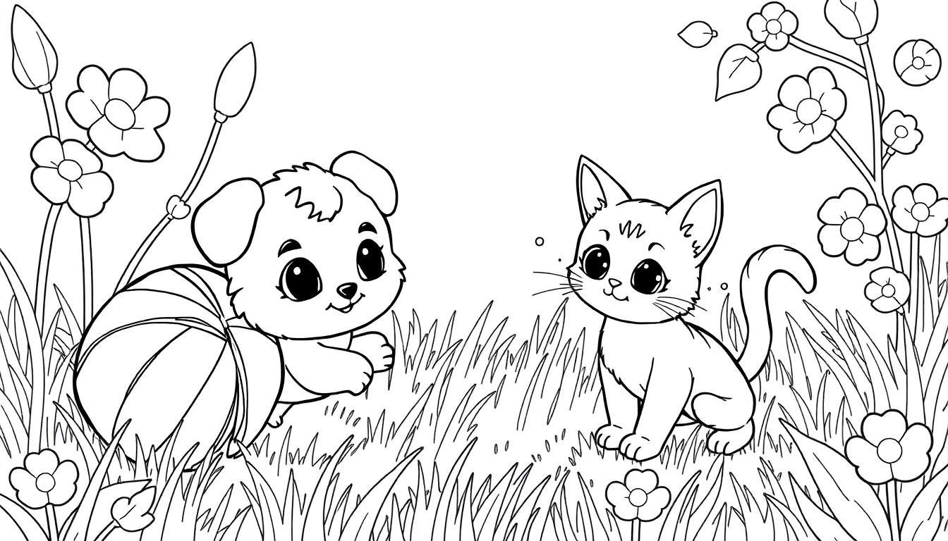 Um cachorrinho a brincar com uma bola e um gatinho sentado na relva num campo, com uma árvore em flor ao fundo. Um color panel para dar vida às cores.