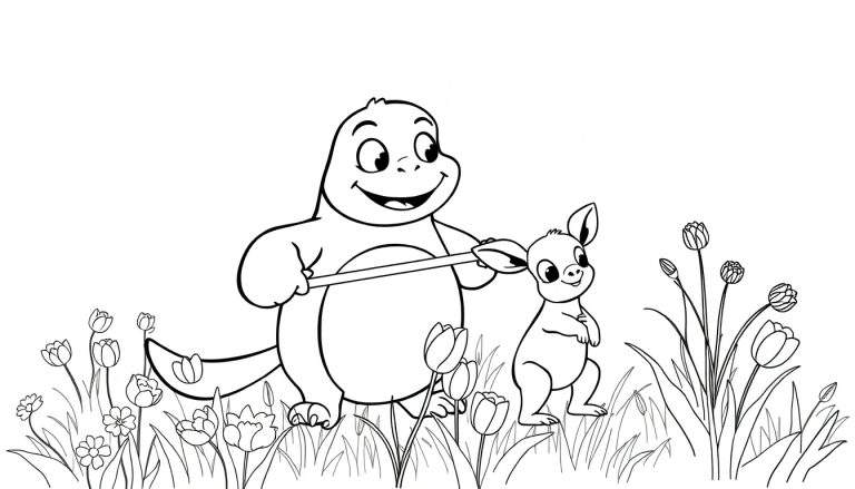 Um dinossauro e um canguru felizes em um jardim pronto para colorir.