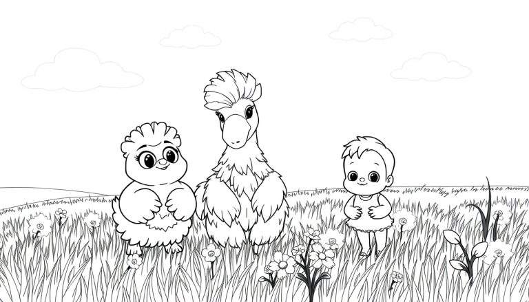 Desenho em preto e branco de uma galinha, um avestruz e um bebê em um campo com grama alta, flores e nuvens no céu. Um color panel alegre.