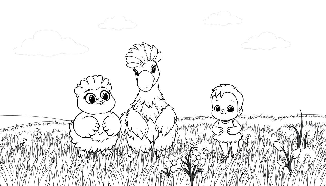 Desenho em preto e branco de uma galinha, um avestruz e um bebê em um campo com grama alta, flores e nuvens no céu. Um color panel alegre.