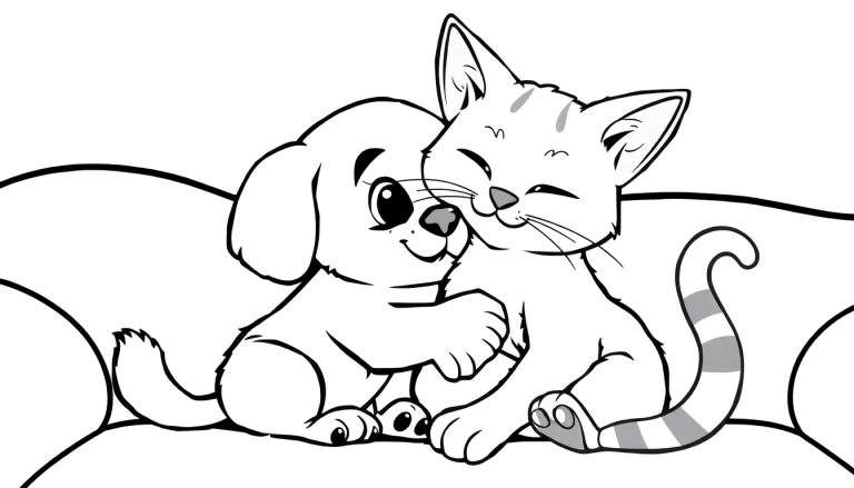 Um filhote de cachorro e um gatinho aconchegados em um sofá, ambos com expressões felizes. O desenho é em preto e branco.