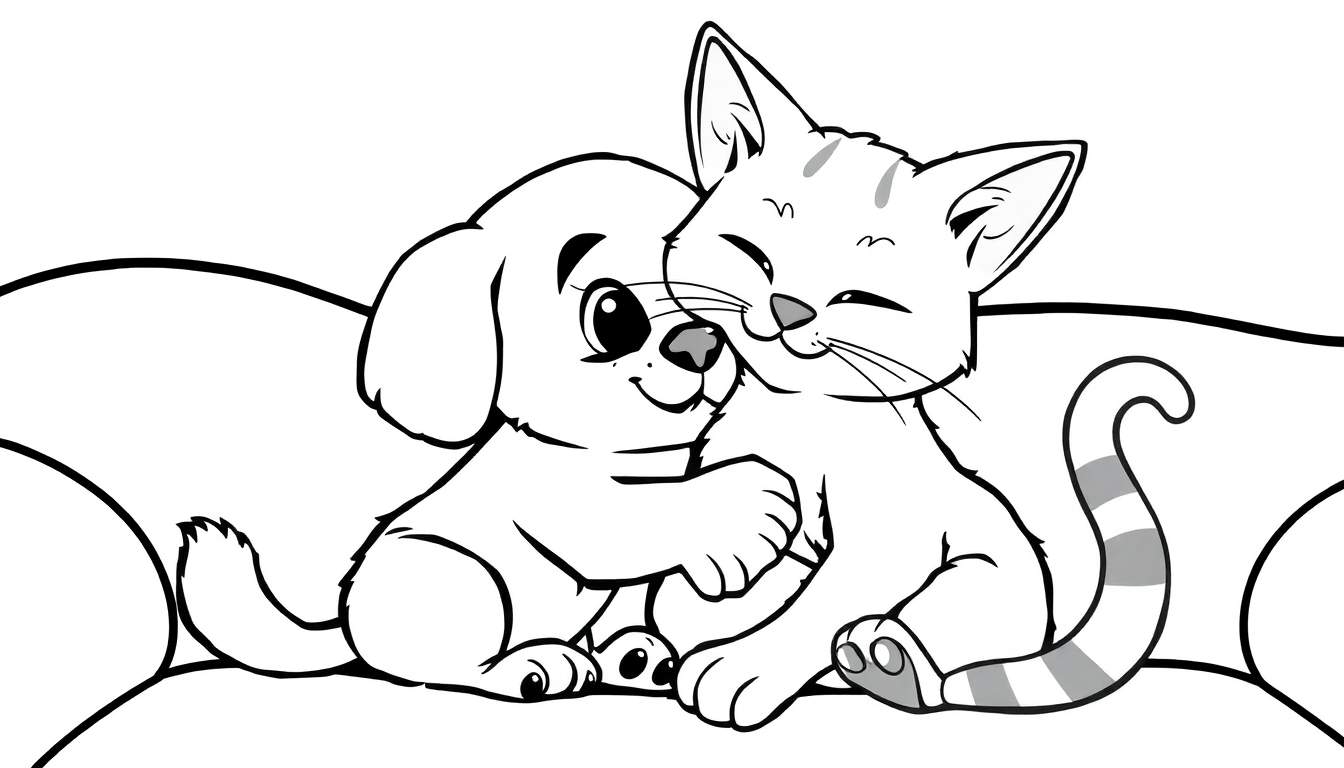 Um filhote de cachorro e um gatinho aconchegados em um sofá, ambos com expressões felizes. O desenho é em preto e branco.