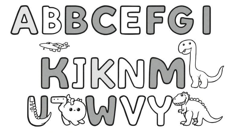 Página para colorir com letras do alfabeto e desenhos animados, incluindo um avião, um dinossauro de pescoço comprido e um dinossauro com espinhos. Um color panel com letras parcialmente coloridas em cinza e outras em branco. Um color panel visualmente atraente para crianças.