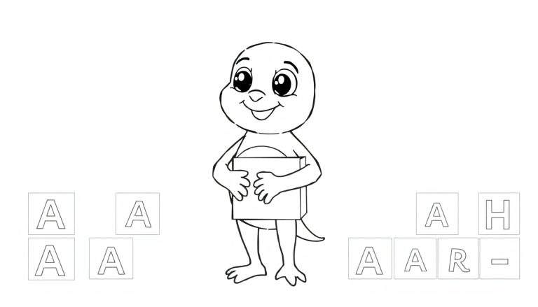 Um lagarto de desenho animado sorrindo com uma caixa de blocos de letras.