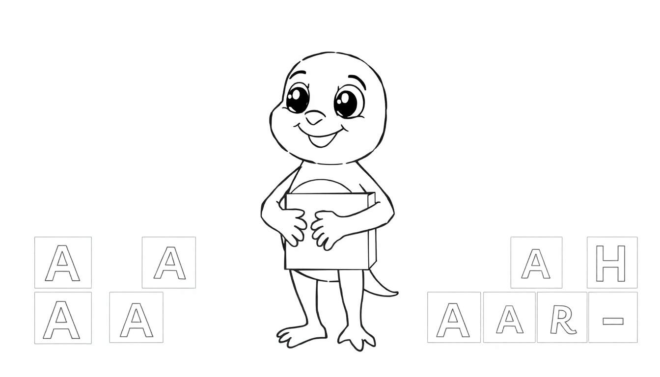 Um lagarto de desenho animado sorrindo com uma caixa de blocos de letras.