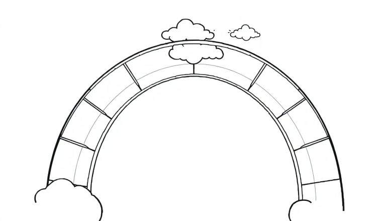 Um arco-íris estilizado em preto e branco, com segmentos retangulares e nuvens fofas. Ideal para colorir.