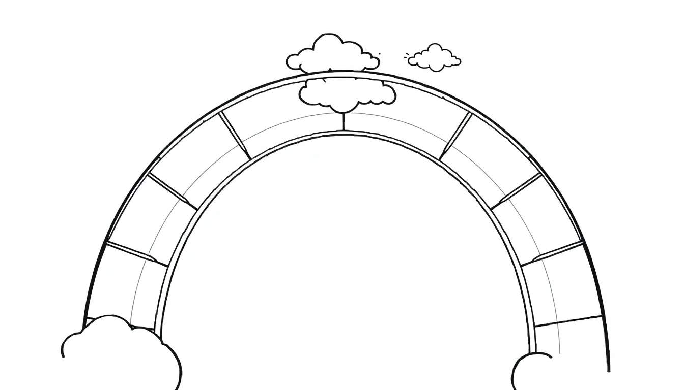 Um arco-íris estilizado em preto e branco, com segmentos retangulares e nuvens fofas. Ideal para colorir.