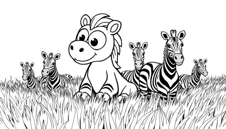 Desenho de zebras para colorir, com uma zebra simpática no centro e outras realistas à volta, numa paisagem de relva alta. Um color panel pronto para dar vida às cores.