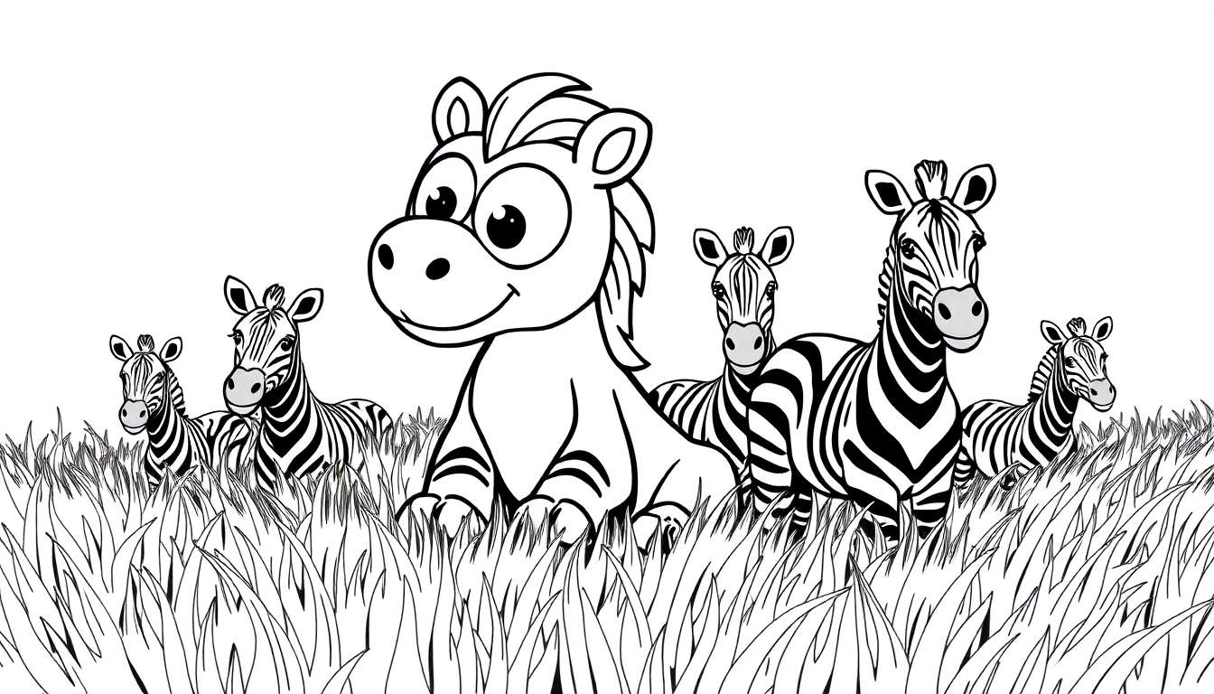 Desenho de zebras para colorir, com uma zebra simpática no centro e outras realistas à volta, numa paisagem de relva alta. Um color panel pronto para dar vida às cores.
