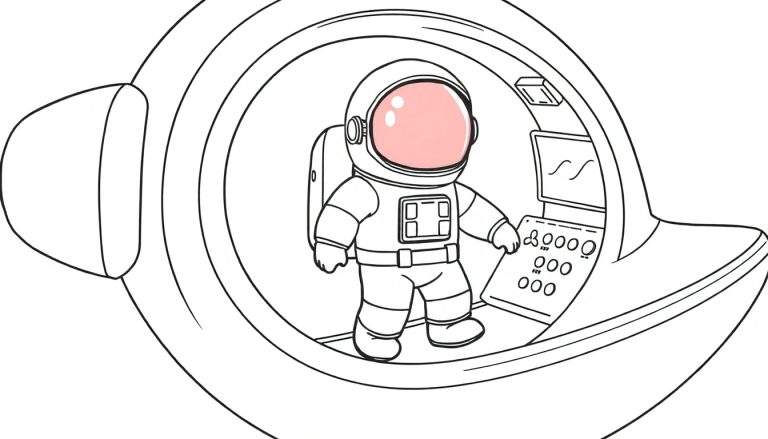 Um astronauta Among Us fofo dentro de uma nave espacial com um painel de controle.