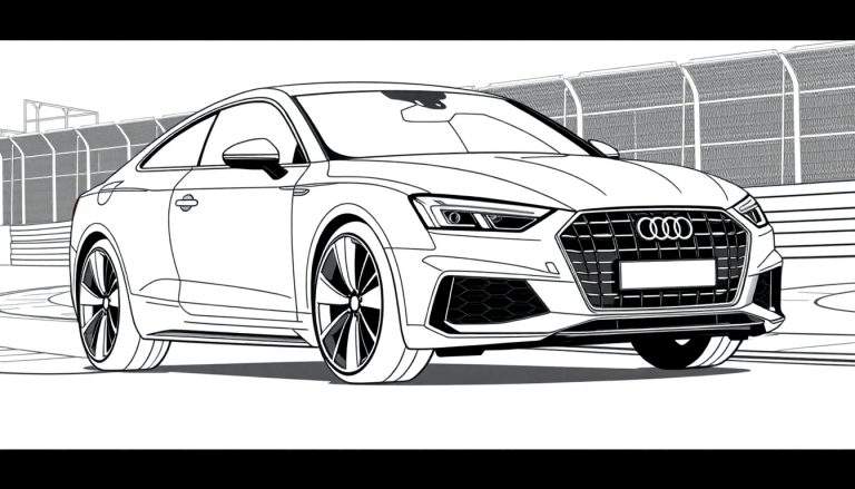Um Audi A5 Coupé em preto e branco, estilo de desenho para colorir, visto em três quartos, com uma barreira de segurança de pista ao fundo.