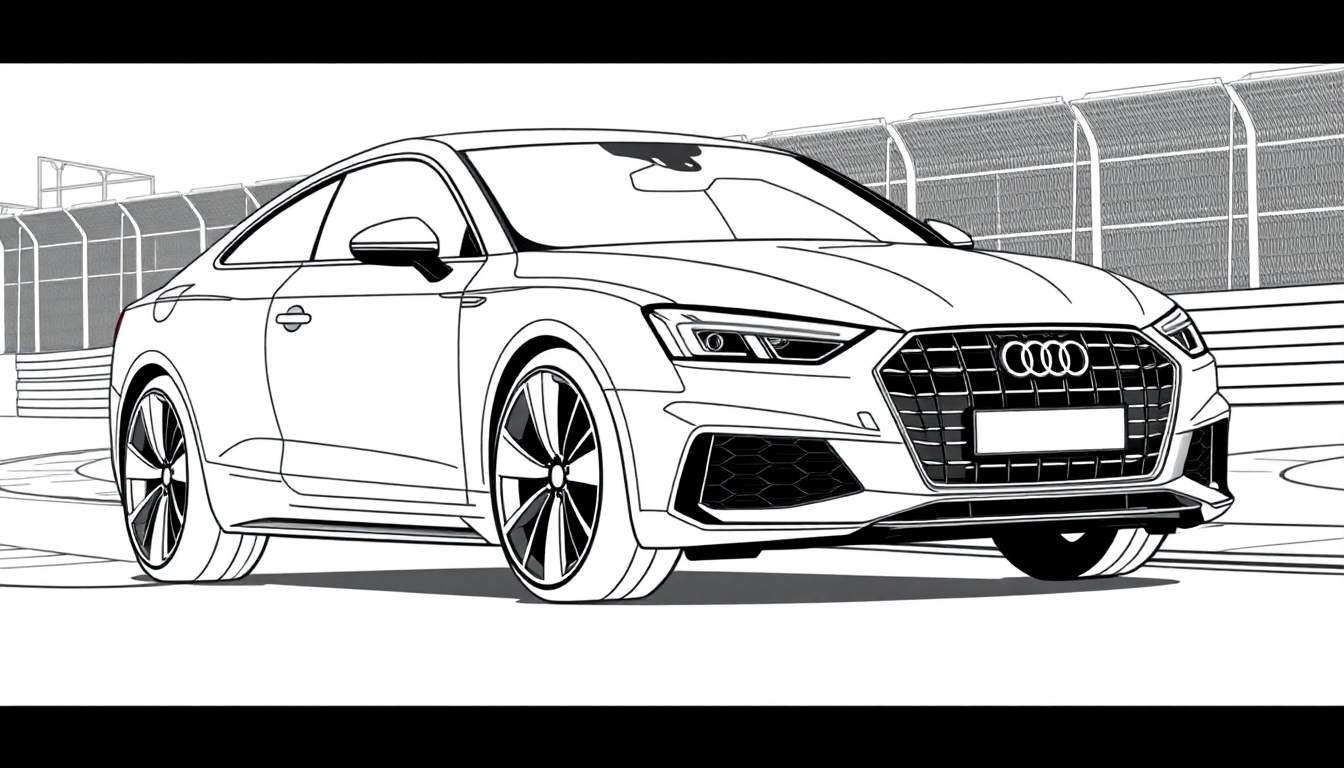 Um Audi A5 Coupé em preto e branco, estilo de desenho para colorir, visto em três quartos, com uma barreira de segurança de pista ao fundo.