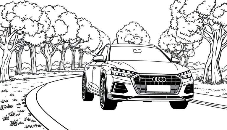 Um carro Audi em preto e branco em estilo de livro de colorir, dirigindo em uma estrada sinuosa ladeada por árvores.