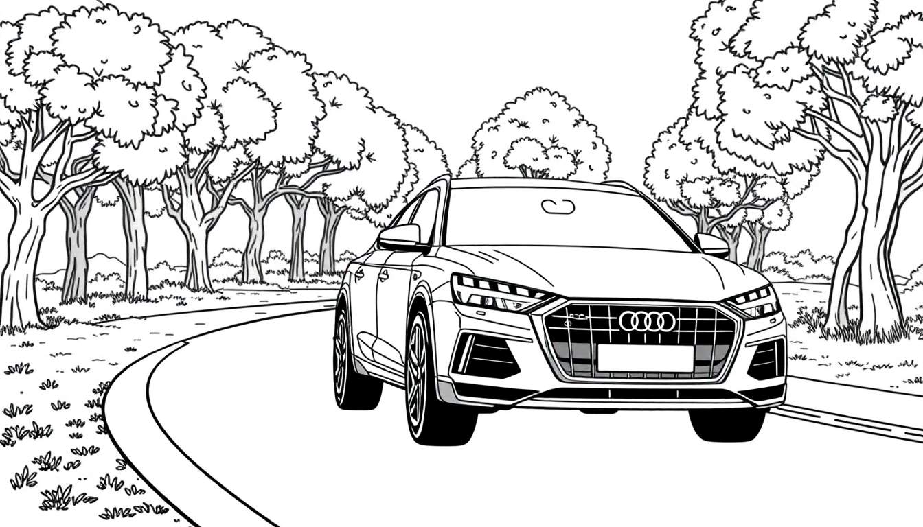 Um carro Audi em preto e branco em estilo de livro de colorir, dirigindo em uma estrada sinuosa ladeada por árvores.
