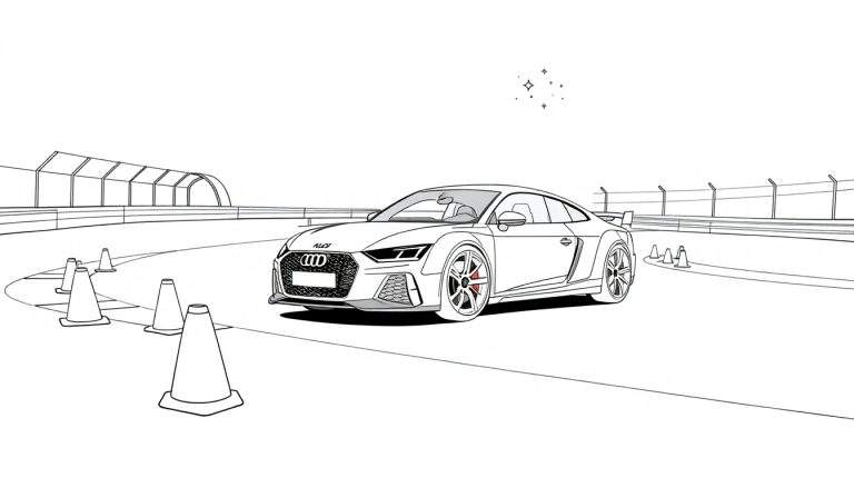 Desenho linear em preto e branco de um Audi TT RS numa pista de corrida com cones e estrelas.