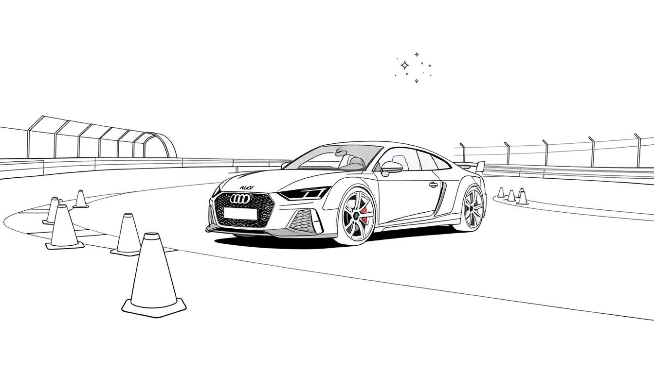 Desenho linear em preto e branco de um Audi TT RS numa pista de corrida com cones e estrelas.
