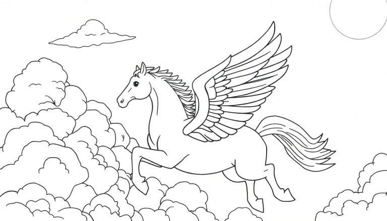 Pégaso, o cavalo alado, voando em um céu azul com nuvens brancas e um sol sorridente. É um ótimo color panel para atividades divertidas.