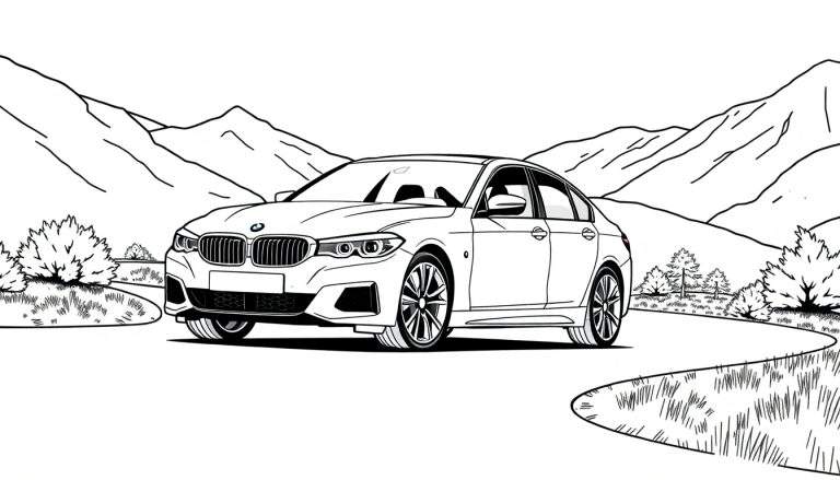 Um carro BMW elegante em preto e branco numa estrada de montanha, com um color panel ao lado.