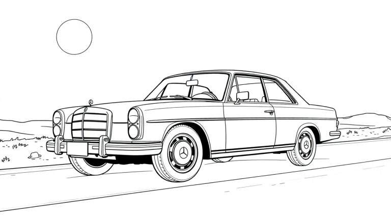 Desenho em preto e branco de um carro Mercedes-Benz antigo em uma estrada rural sob um grande círculo no céu.