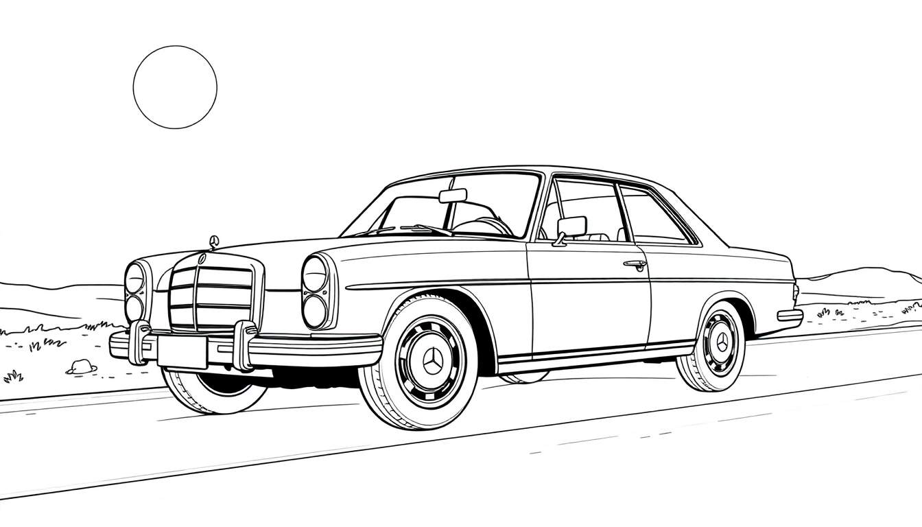 Desenho em preto e branco de um carro Mercedes-Benz antigo em uma estrada rural sob um grande círculo no céu.