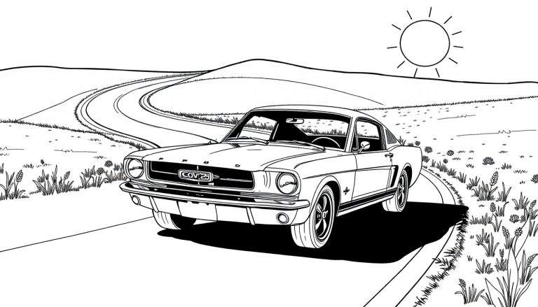 Um carro clássico linear em uma estrada com morros e sol.