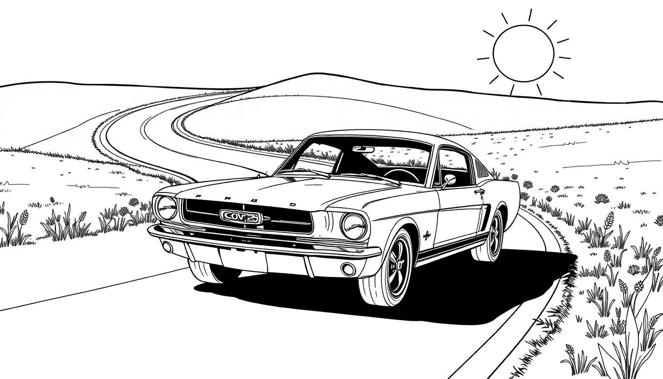 Um carro clássico linear em uma estrada com morros e sol.