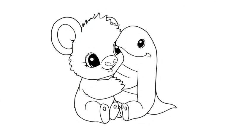 Um coala abraçando um dinossauro de brinquedo, pronto para colorir.