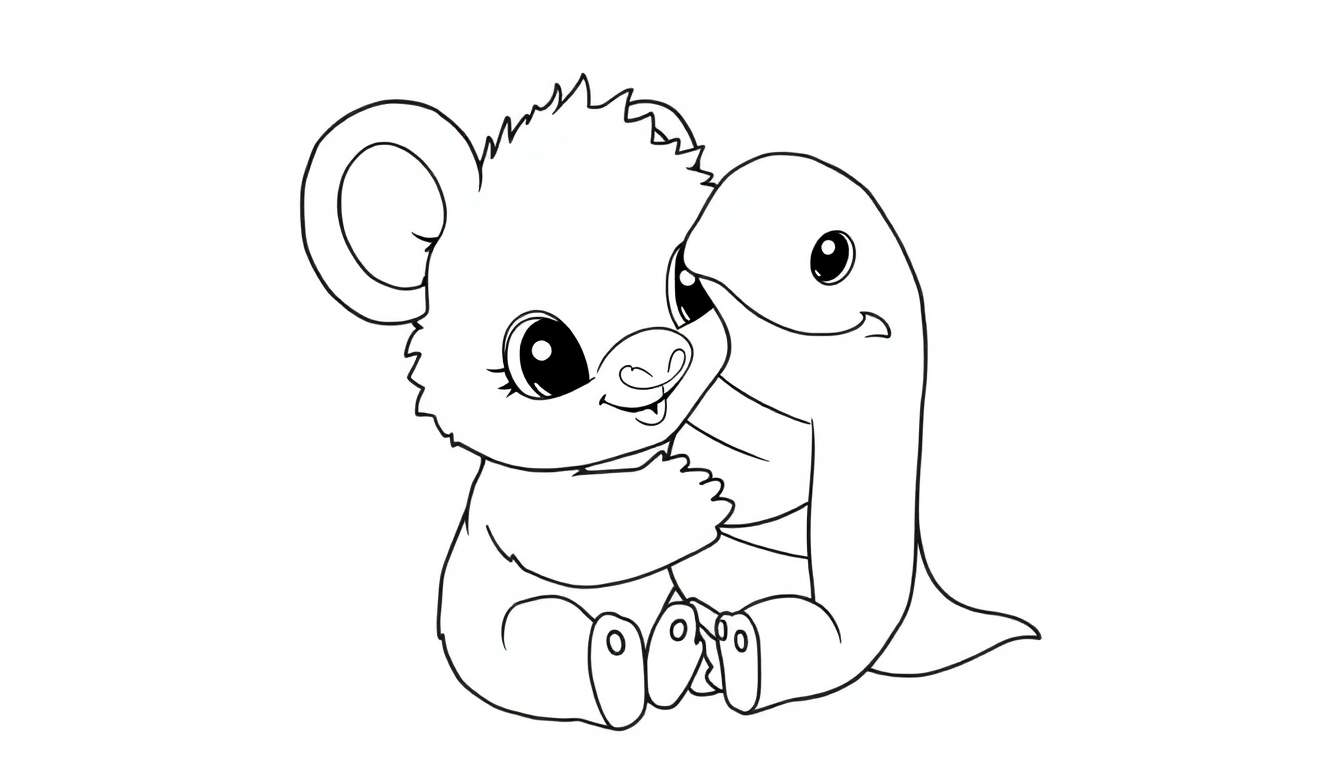 Um coala abraçando um dinossauro de brinquedo, pronto para colorir.