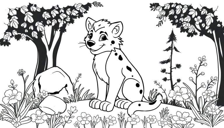 Um desenho de linha de um filhote de onça sorrindo em um cenário com árvores e flores, pronto para colorir.
