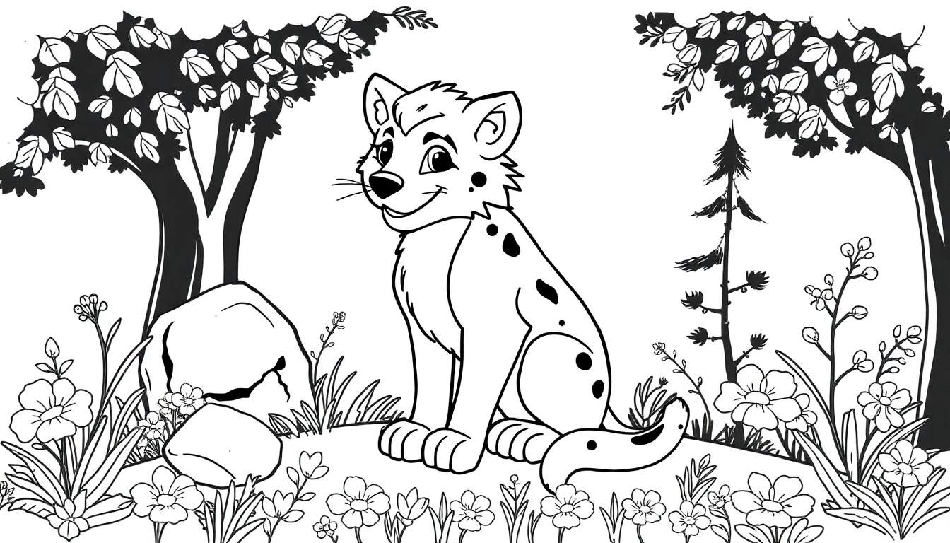 Um desenho de linha de um filhote de onça sorrindo em um cenário com árvores e flores, pronto para colorir.