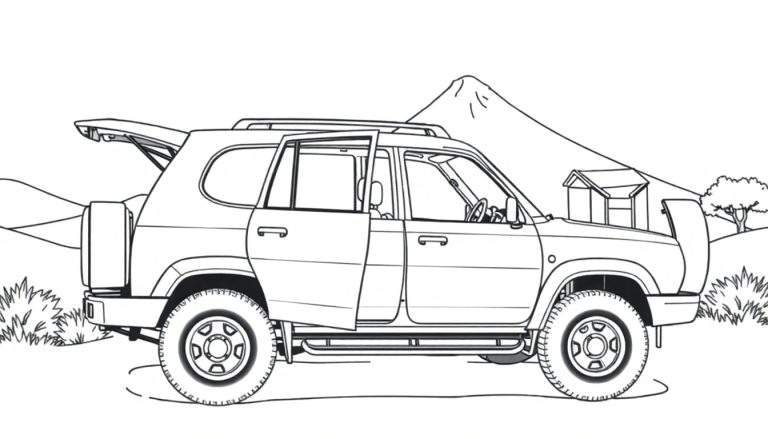 Carro SUV para colorir em um cenário de montanha, com portas e capô abertos, pronto para uma aventura colorida.