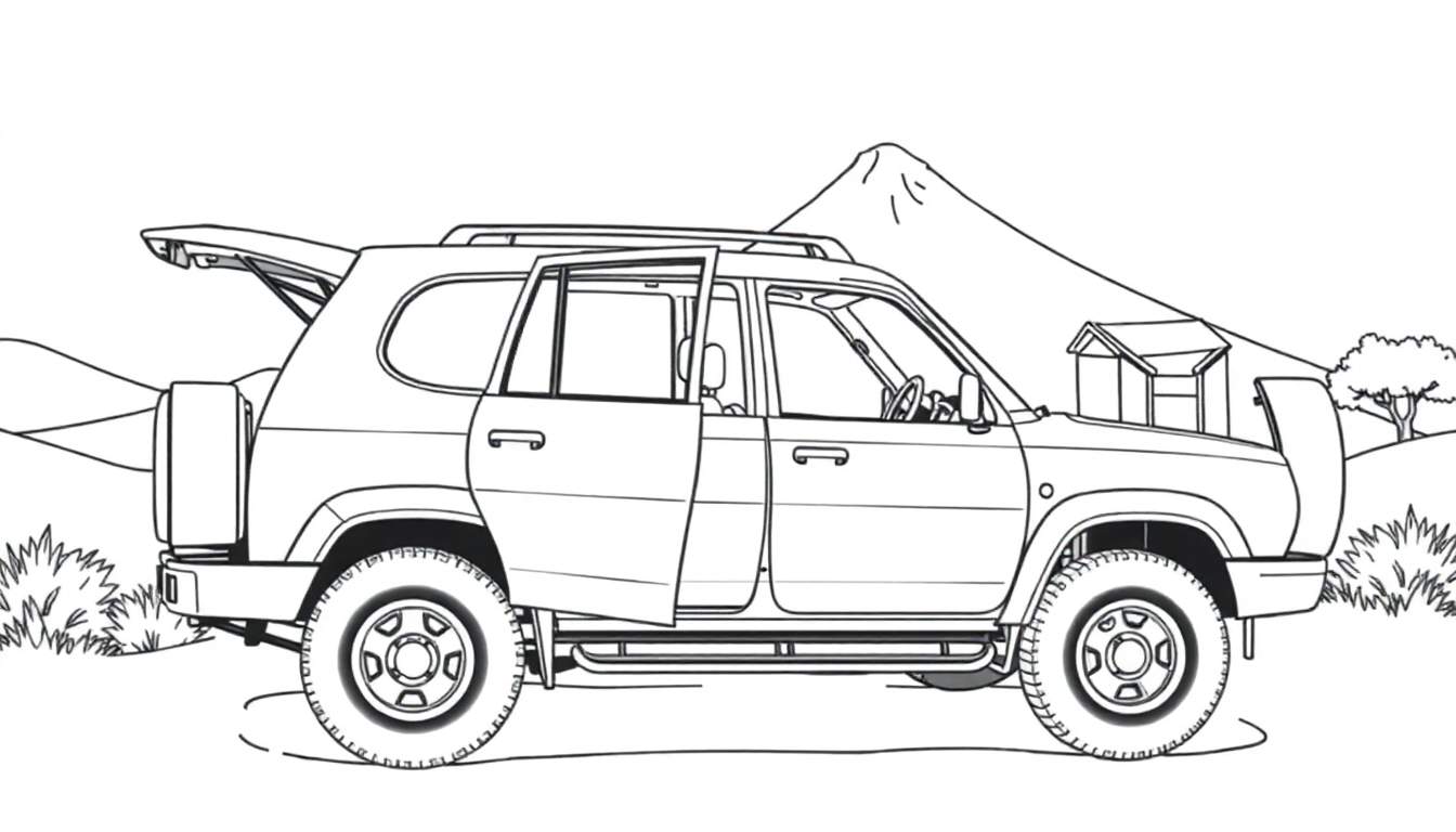 Carro SUV para colorir em um cenário de montanha, com portas e capô abertos, pronto para uma aventura colorida.