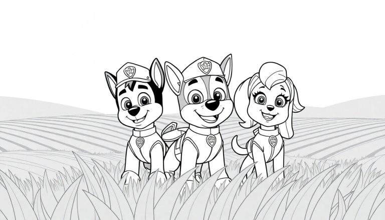 Três filhotes da Patrulha Canina, Chase, Marshall e Skye, sorrindo em um campo verde sob um céu com nuvens. Eles parecem felizes e prontos para uma aventura de colorir.