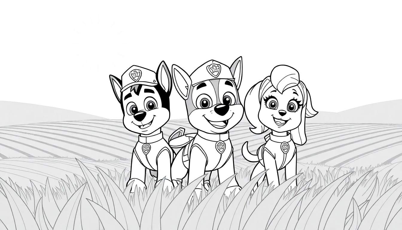 Três filhotes da Patrulha Canina, Chase, Marshall e Skye, sorrindo em um campo verde sob um céu com nuvens. Eles parecem felizes e prontos para uma aventura de colorir.