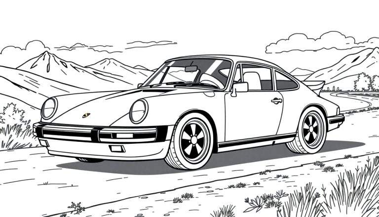 Um Porsche clássico em preto e branco, estacionado numa estrada com montanhas ao fundo, pronto para ser colorido.