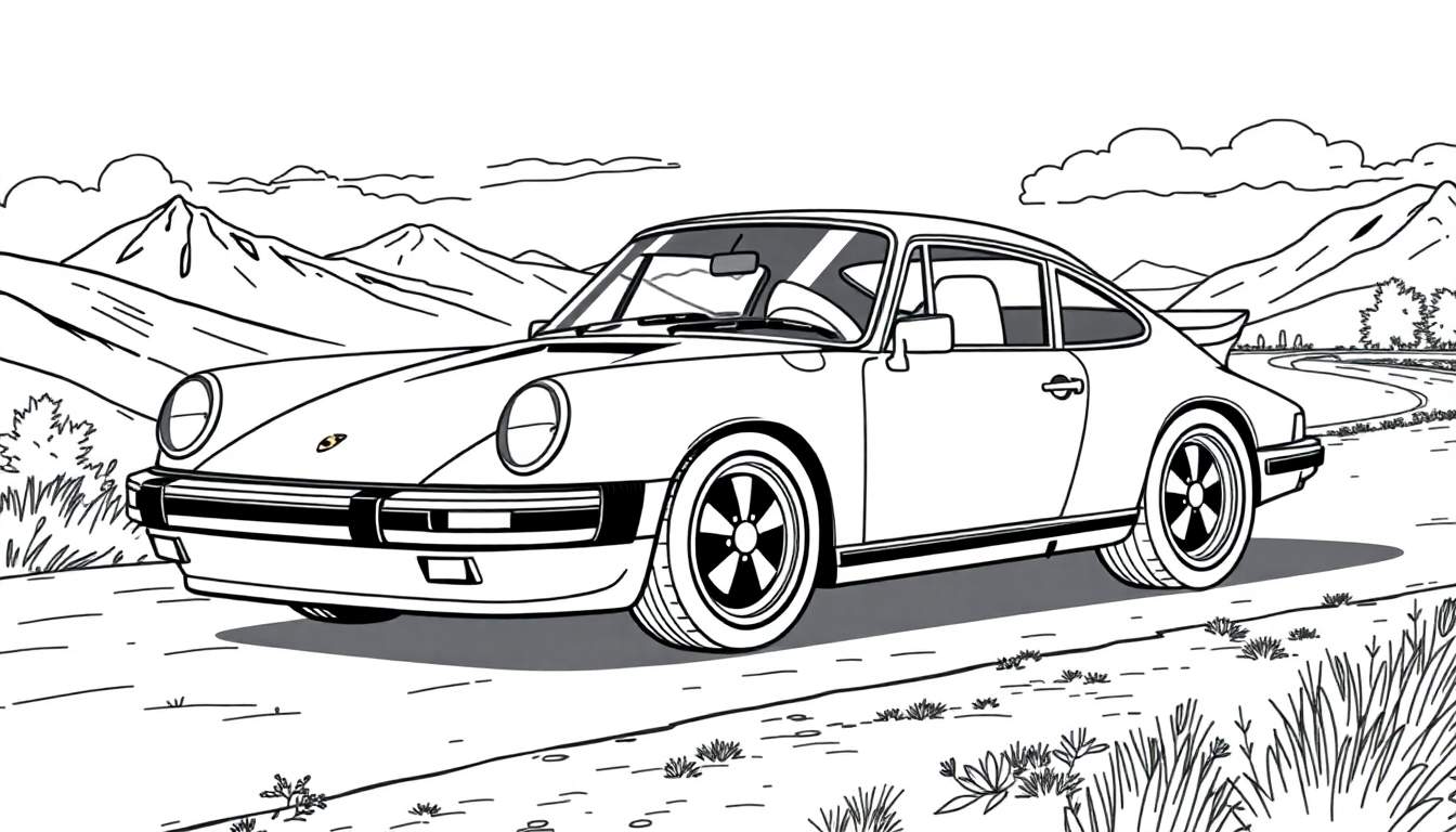 Um Porsche clássico em preto e branco, estacionado numa estrada com montanhas ao fundo, pronto para ser colorido.