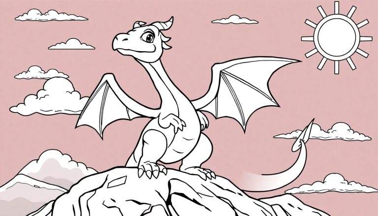 Desenho de um dragão fofo em estilo cartoon, pronto para ser colorido, com asas abertas sobre uma rocha, montanhas e um sol no céu.