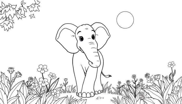 Um desenho para colorir de um elefante num campo florido com um círculo no topo direito, parte do nosso color panel.